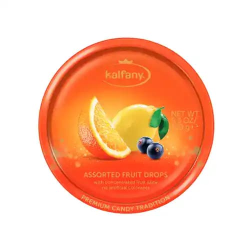 آبنبات کالفانی میوه ای با طعم لیمو،پرتقال و انگور فرنگی سیاه 150 گرمی Kalfany Assorted Fruit Drops Candies