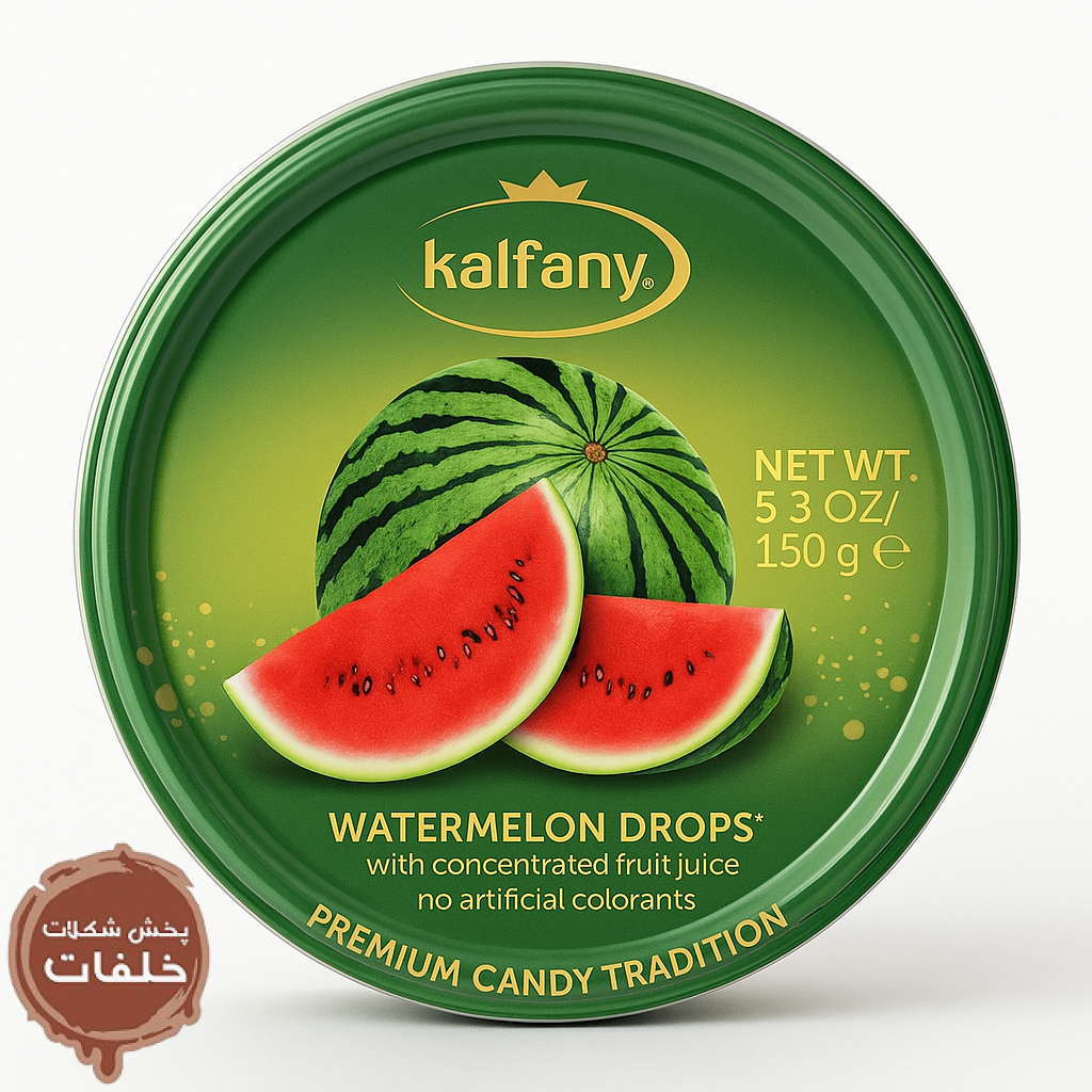 آبنبات Kalfany طعم هندوانه Kalfany Watermelon Drops 150g آبنبات قوطی فلزی هندوانه Kalfany